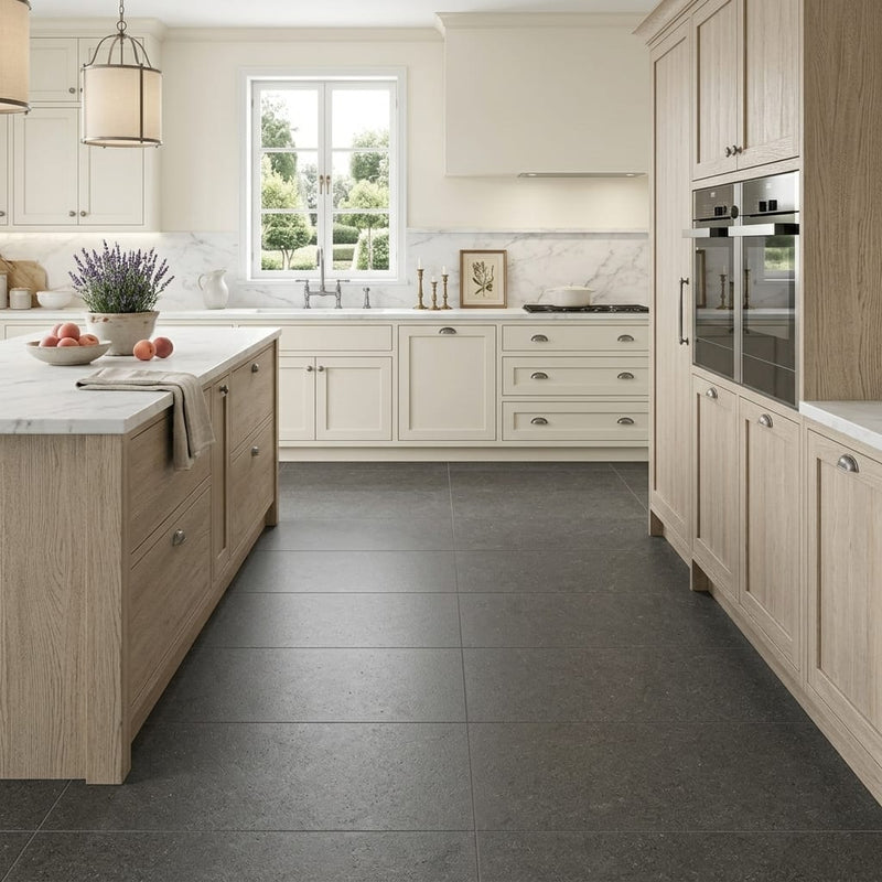Lagos Blue Limestone Tile 18x36 Honed 3/8 inch — Kitchen floor