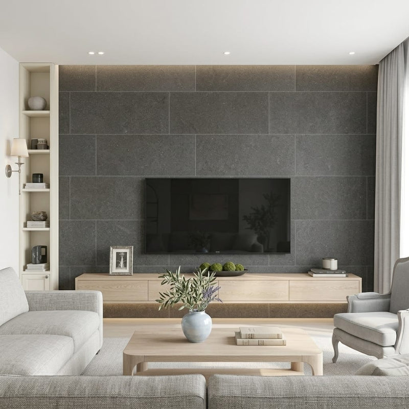 Lagos Blue Limestone Tile 18x36 Honed 3/8 inch — Living Room feature wall