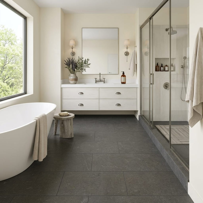 Lagos Blue Limestone Tile 18x36 Honed 3/8 inch — Primary Bath floor
