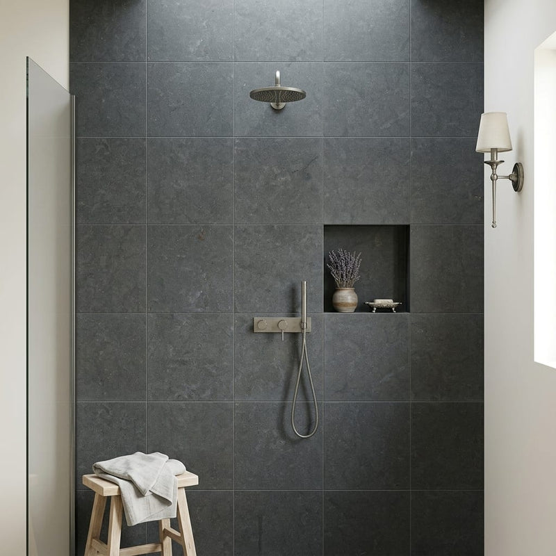 Lagos Blue Limestone Tile 24x24 Honed 3/8 inch — Bathroom shower wall