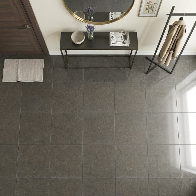 Lagos Blue Limestone Tile 24x24 Honed 3/8 inch — Foyer floor