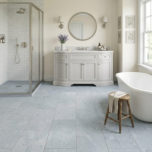 Lagos Blue Nova 18x36 Brushed Limestone Tile — Bathroom floor