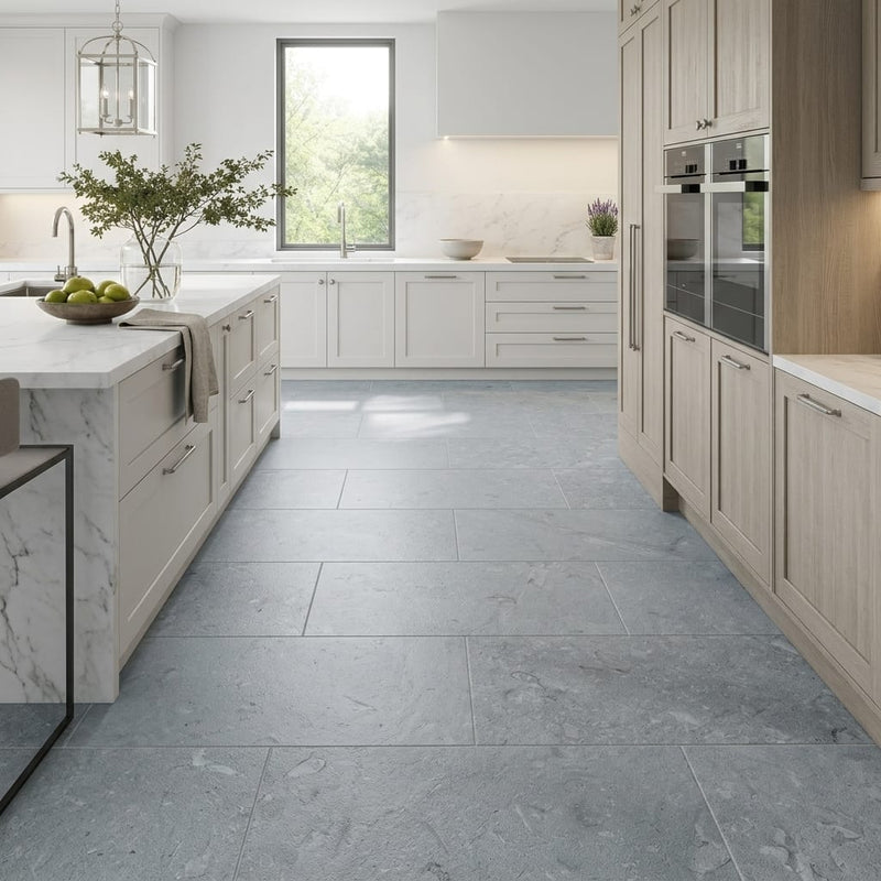 Lagos Blue Nova 18x36 Brushed Limestone Tile — Kitchen floor