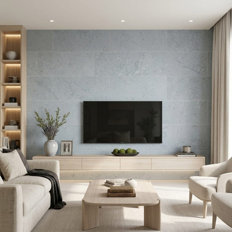 Lagos Blue Nova 18x36 Brushed Limestone Tile — Living Room feature wall