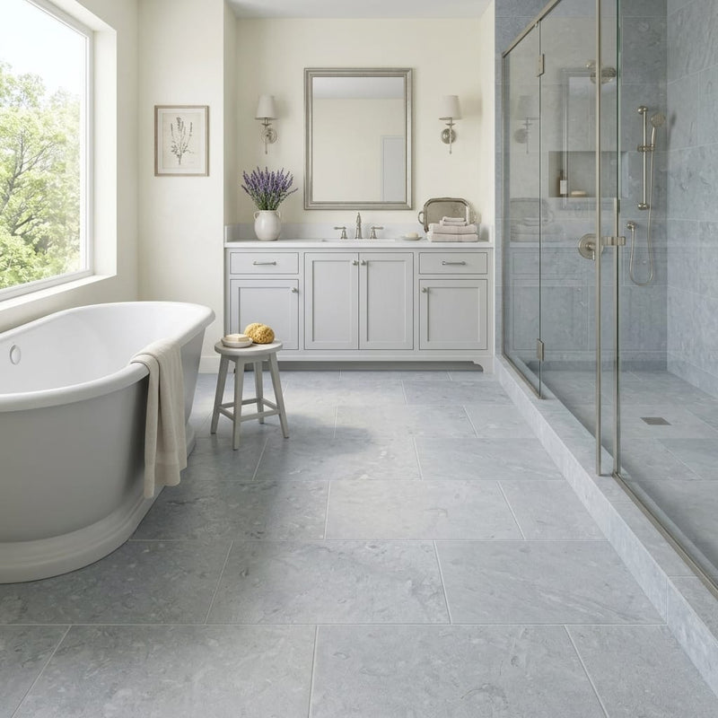 Lagos Blue Nova 18x36 Brushed Limestone Tile — Primary Bath floor