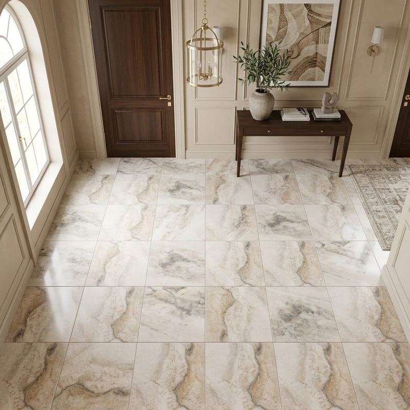 Latravonya Travertine 12x12 Filled & Honed Travertine Tile — Foyer floor