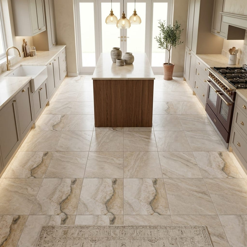 Latravonya Travertine 12x12 Filled & Honed Travertine Tile — Kitchen floor