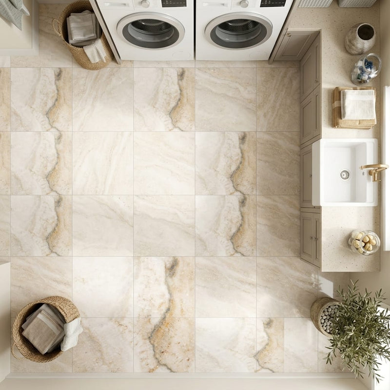 Latravonya Travertine 12x12 Filled & Honed Travertine Tile — Laundry Room floor