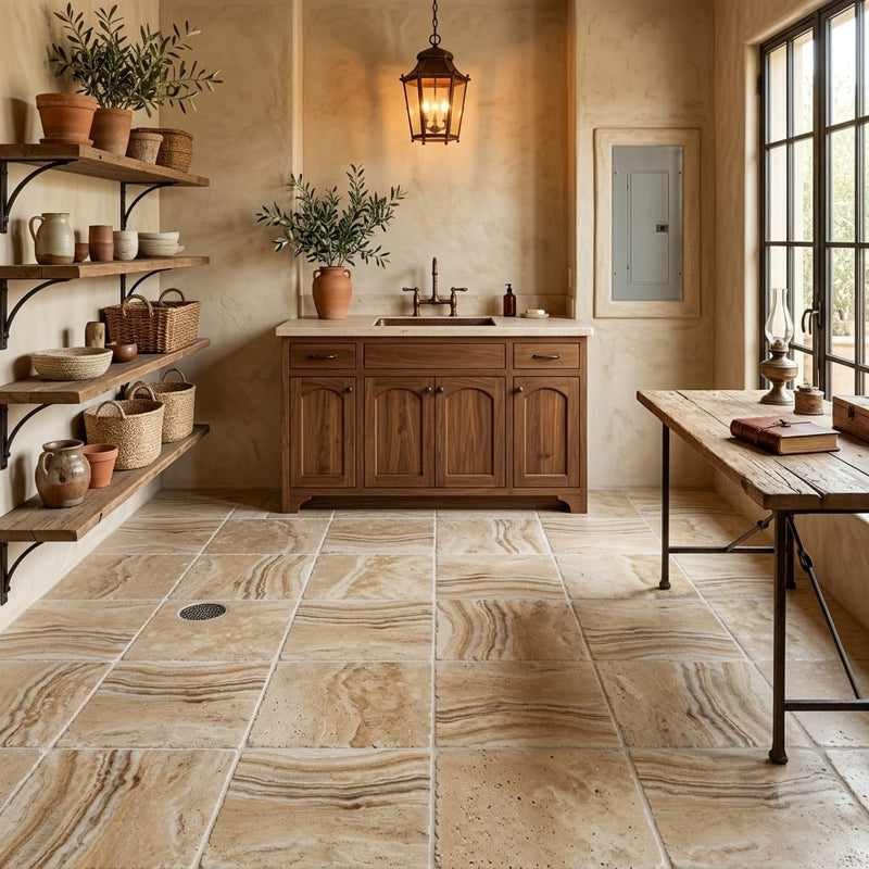 Latravonya Travertine 12x12 Tumbled Travertine Tile — Basement floor