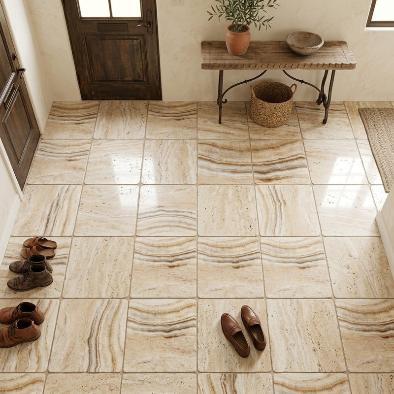 Latravonya Travertine 12x12 Tumbled Travertine Tile — Foyer floor