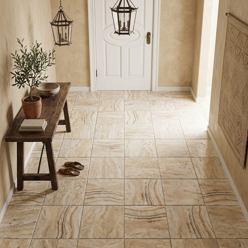 Latravonya Travertine 12x12 Tumbled Travertine Tile — Hallway floor