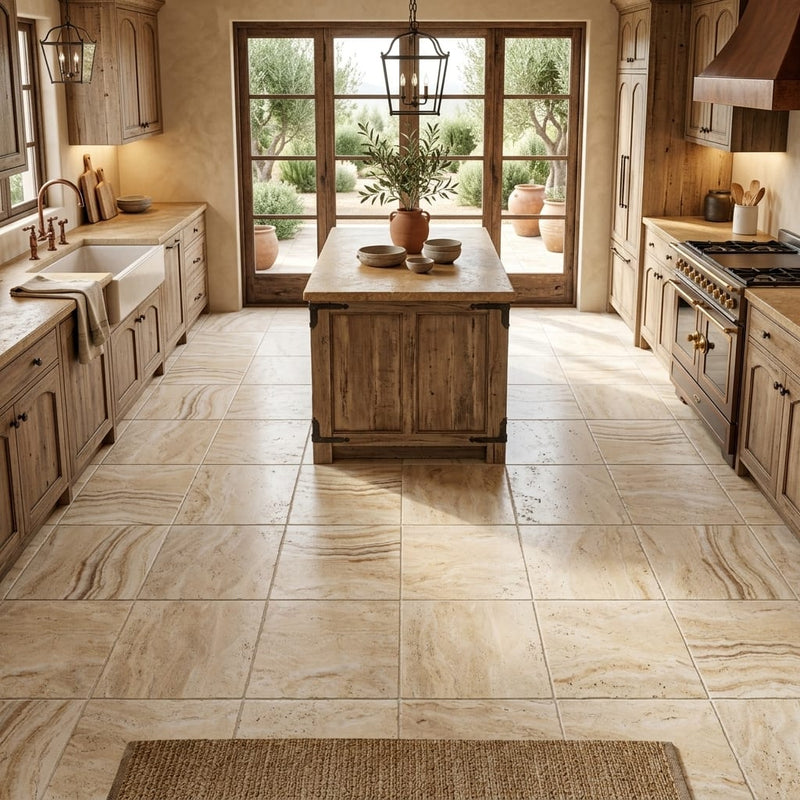 Latravonya Travertine 12x12 Tumbled Travertine Tile — Kitchen floor