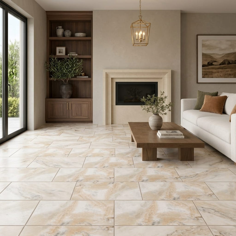 Latravonya Travertine 12x24 Filled & Honed Travertine Tile — Living Room floor