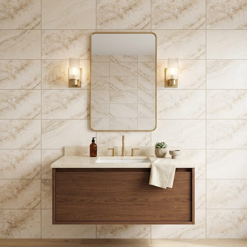 Latravonya Travertine 16x24 Filled & Honed Travertine Tile — Bathroom vanity wall
