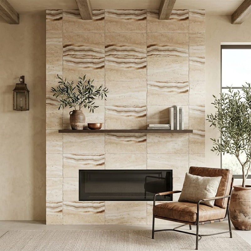 Latravonya Travertine 16x24 Unfilled, Brushed & Chiseled Travertine Tile — Living Room fireplace surround