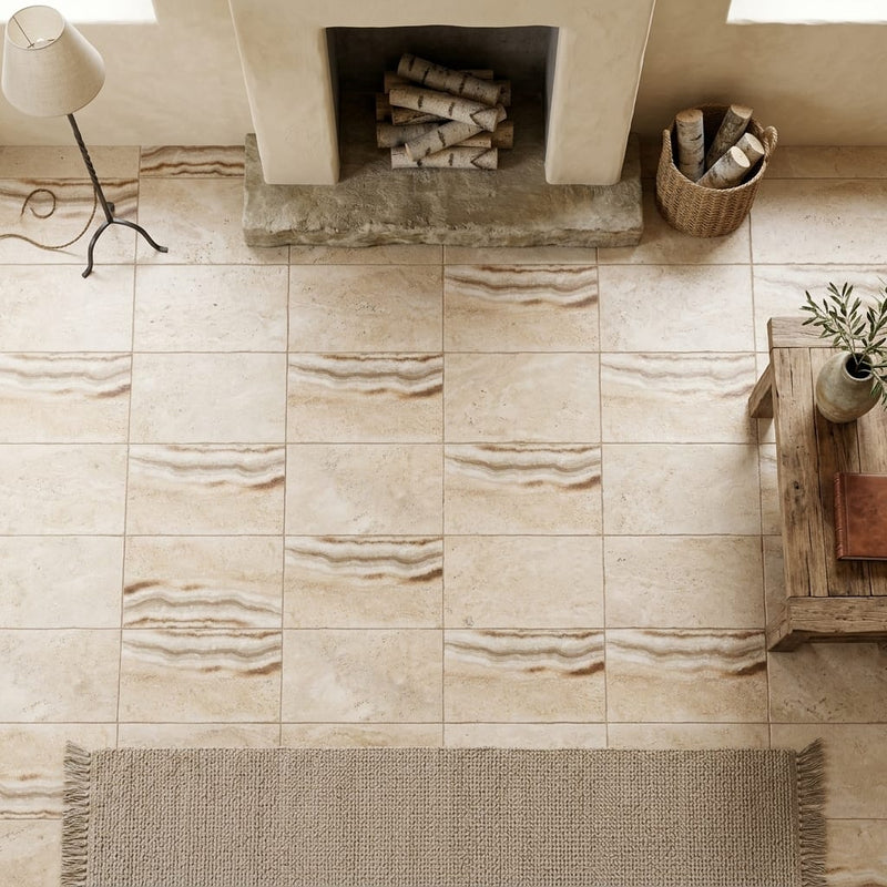 Latravonya Travertine 16x24 Unfilled, Brushed & Chiseled Travertine Tile — Living Room floor