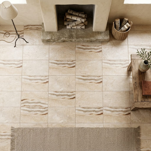 Latravonya Travertine 16x24 Unfilled, Brushed & Chiseled Travertine Tile — Living Room floor