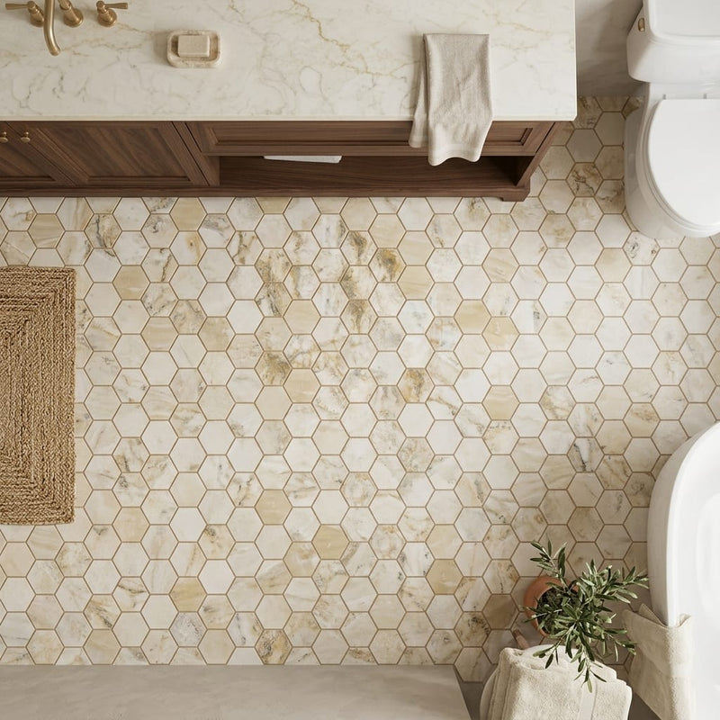 Latravonya Travertine 2x2 Filled & Honed Travertine Hexagon Mosaic — Bathroom floor