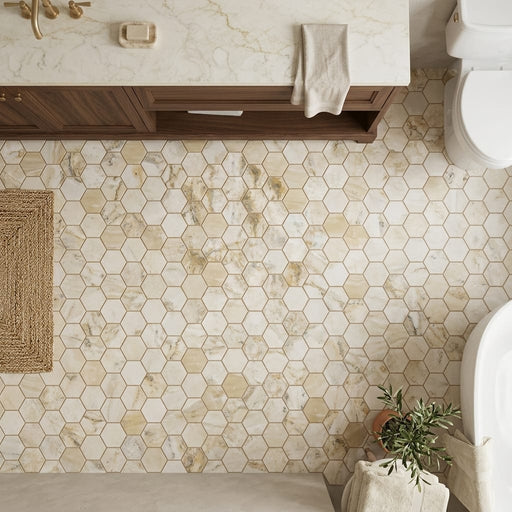 Latravonya Travertine 2x2 Filled & Honed Travertine Hexagon Mosaic — Bathroom floor