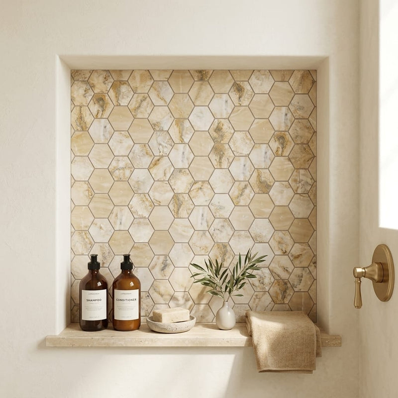 Latravonya Travertine 2x2 Filled & Honed Travertine Hexagon Mosaic — Bathroom niche