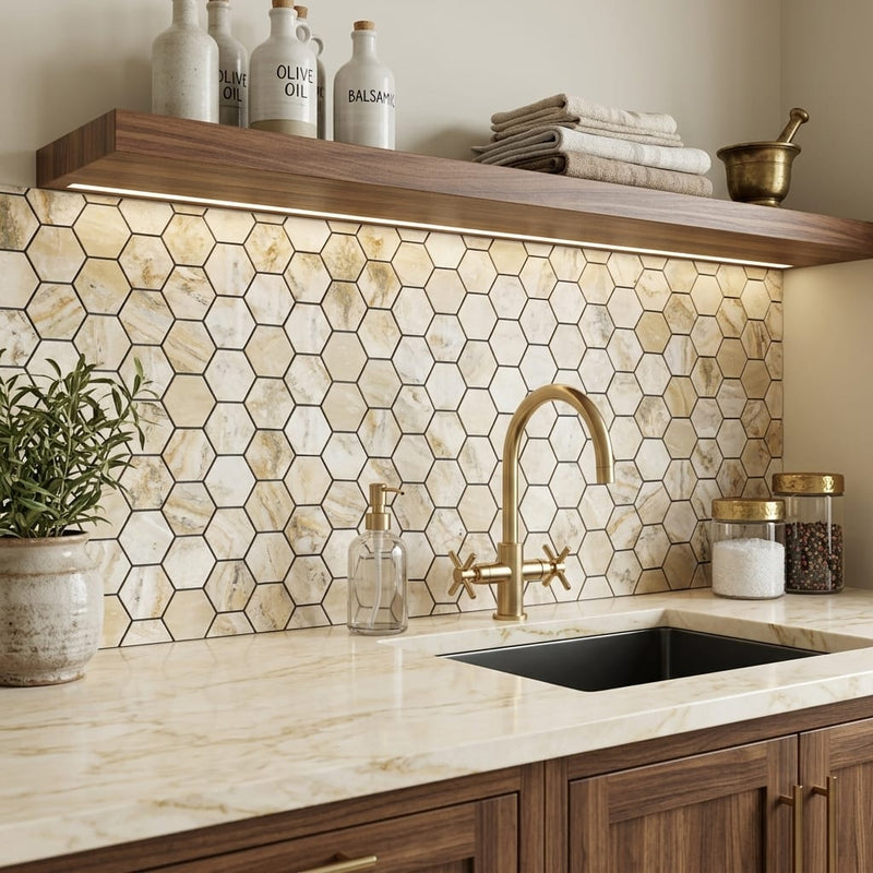 Latravonya Travertine 2x2 Filled & Honed Travertine Hexagon Mosaic — Kitchen backsplash