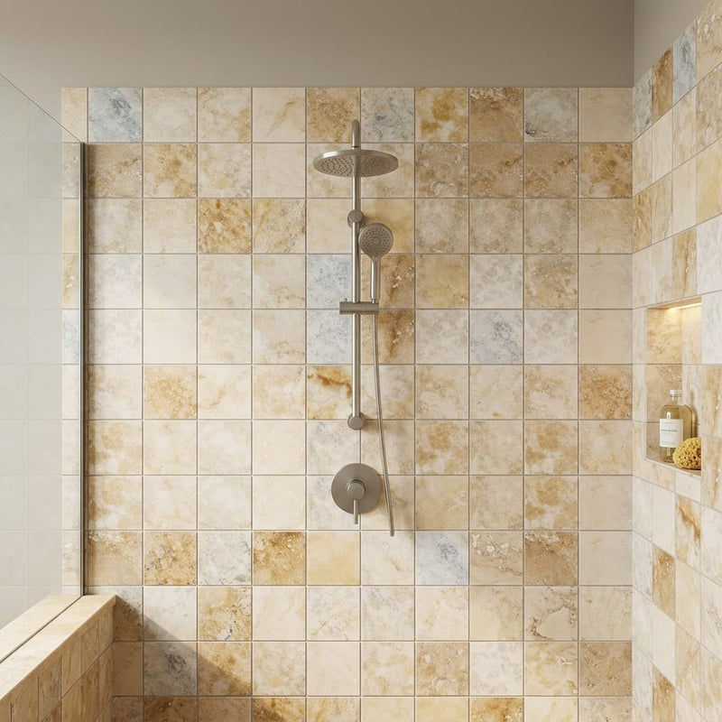 Latravonya Travertine 2x2 Filled & Honed Travertine Mosaic — Bathroom shower wall