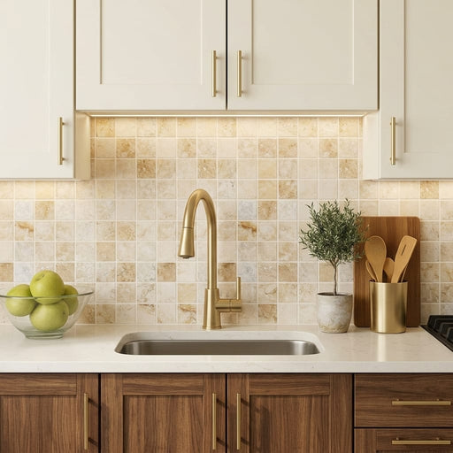 Latravonya Travertine 2x2 Filled & Honed Travertine Mosaic — Kitchen backsplash