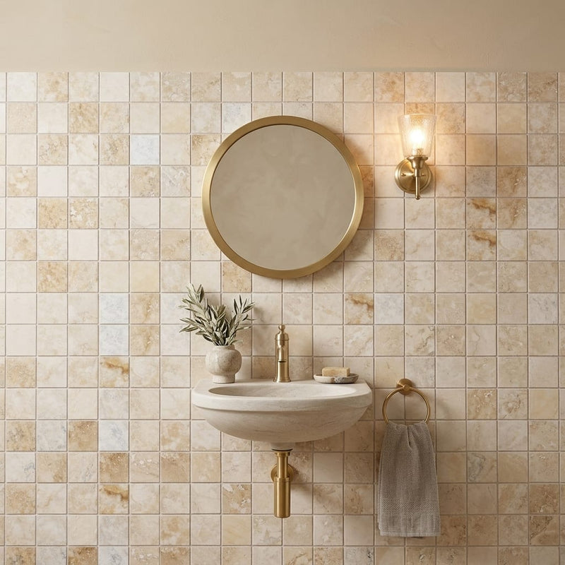 Latravonya Travertine 2x2 Filled & Honed Travertine Mosaic — Powder Room wall