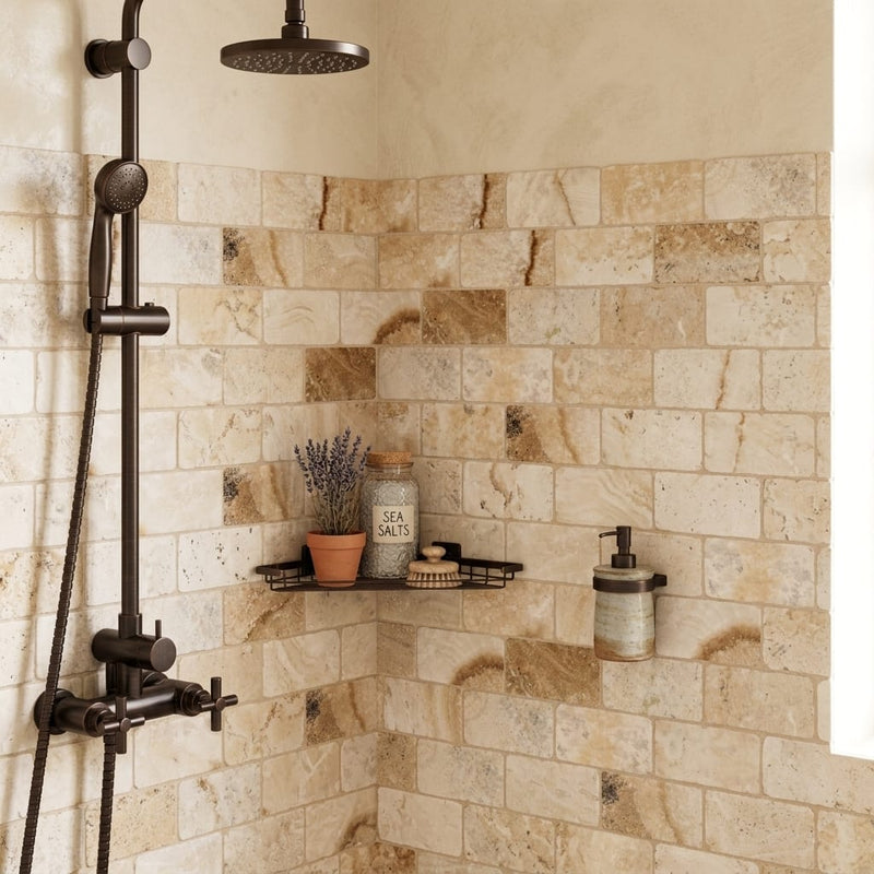 Latravonya Travertine 3x6 Tumbled Travertine Tile — Bathroom shower wall