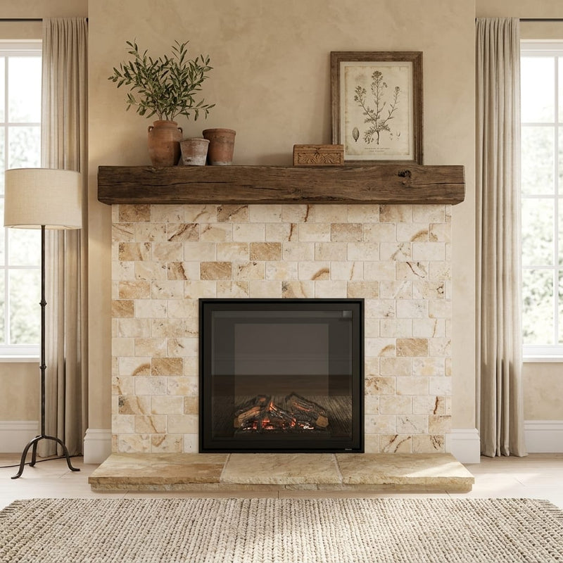 Latravonya Travertine 3x6 Tumbled Travertine Tile — Living Room fireplace surround