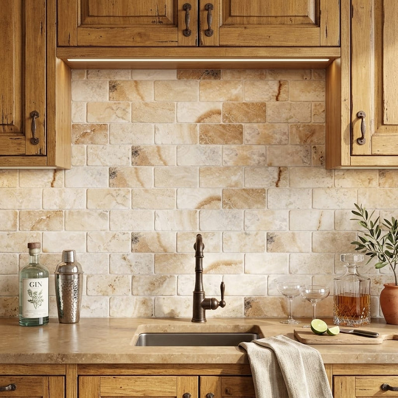Latravonya Travertine 3x6 Tumbled Travertine Tile — Wet Bar backsplash