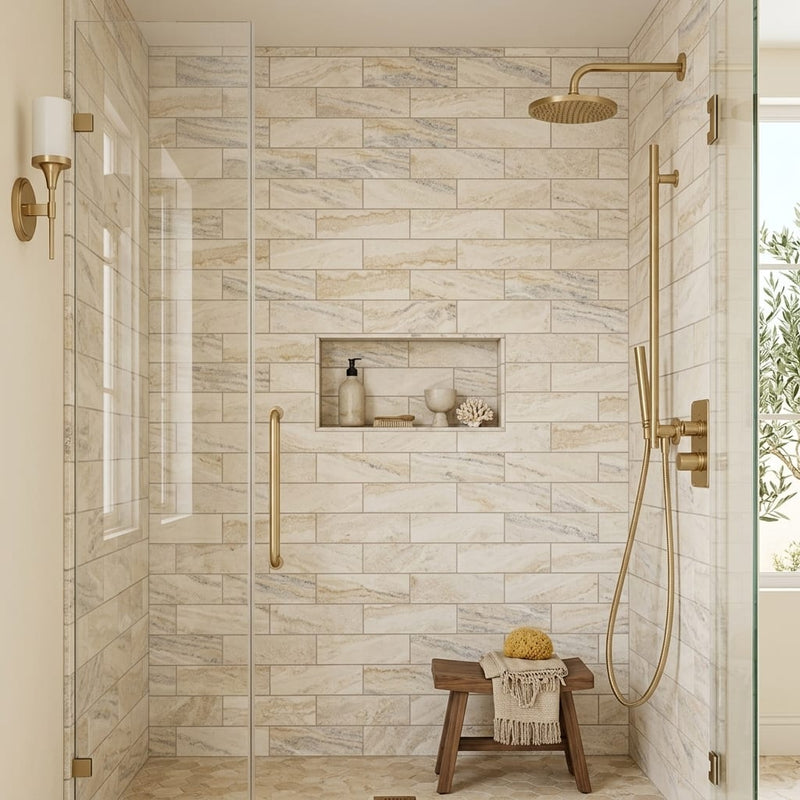 Latravonya Travertine 4x12 Filled & Honed Travertine Tile — Bathroom shower wall