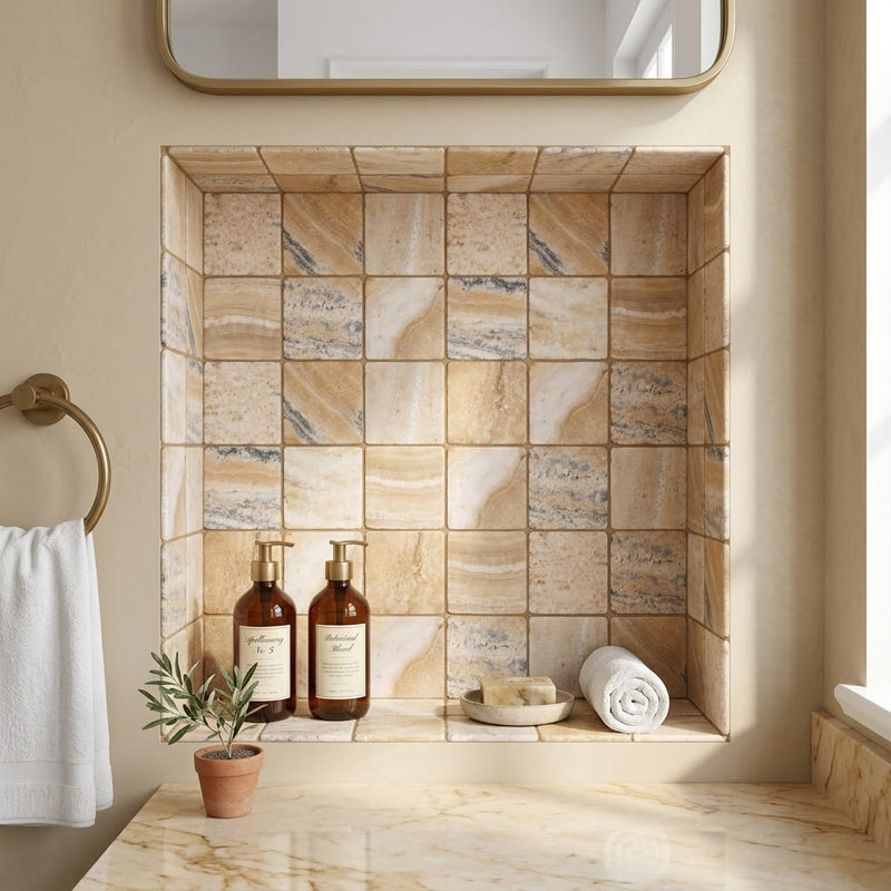 Latravonya Travertine 4x4 Tumbled Travertine Tile — Bathroom niche