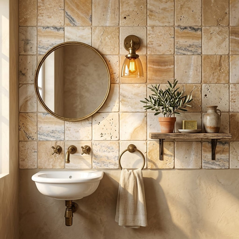 Latravonya Travertine 4x4 Tumbled Travertine Tile — Powder Room wall