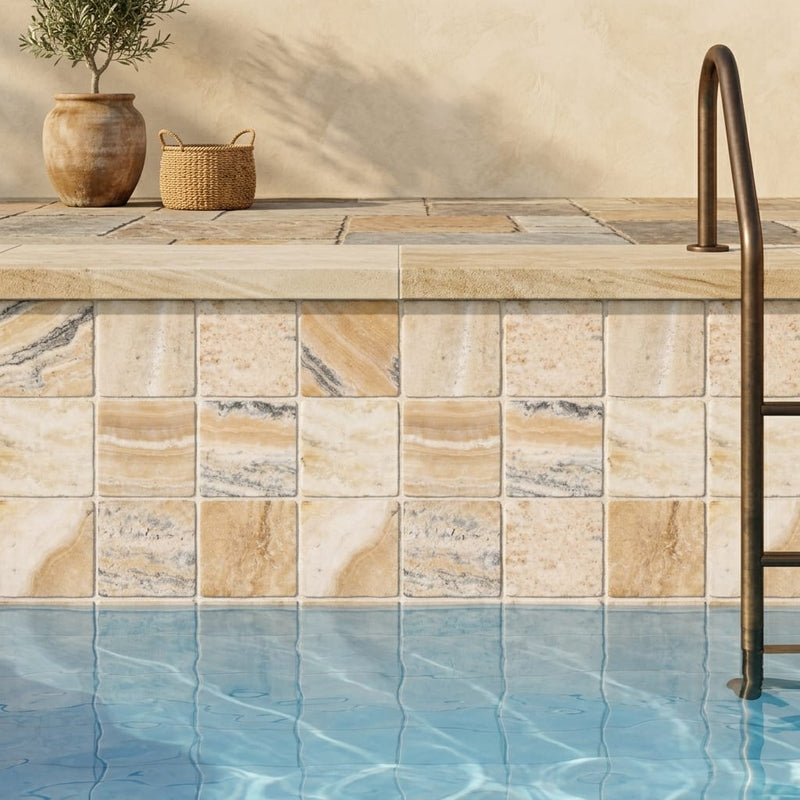 Latravonya Travertine 4x4 Tumbled Travertine Tile — Swimming Pool waterline