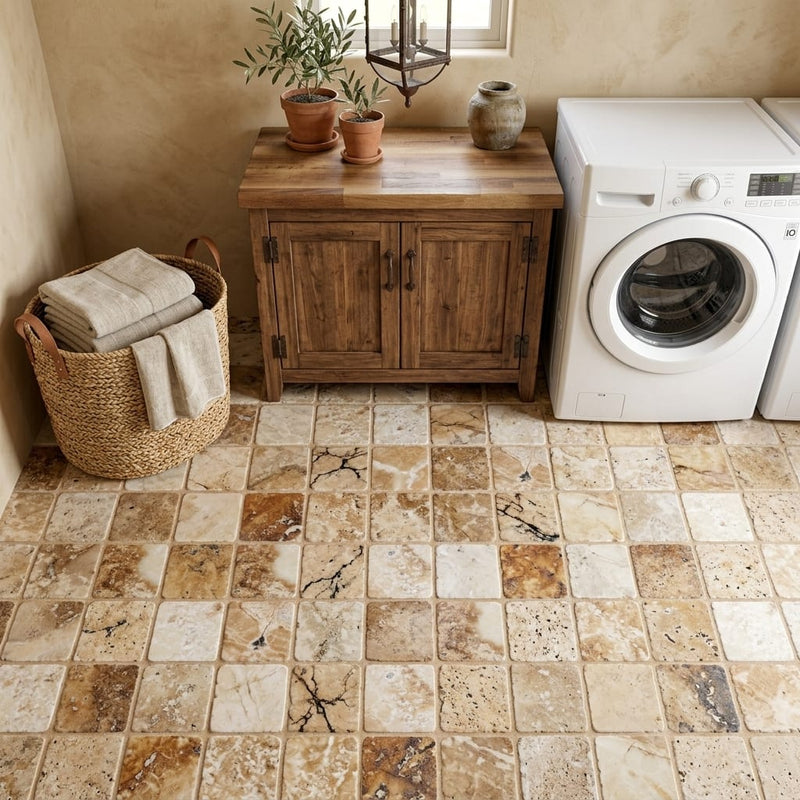 Latravonya Travertine 6x6 Tumbled Travertine Tile — Laundry Room floor
