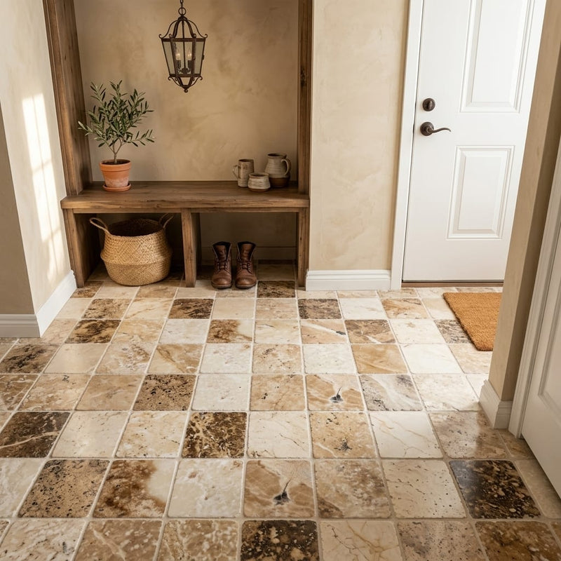 Latravonya Travertine 6x6 Tumbled Travertine Tile — Mudroom floor