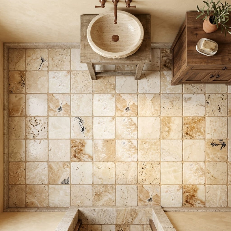 Latravonya Travertine 6x6 Tumbled Travertine Tile — Powder Room floor