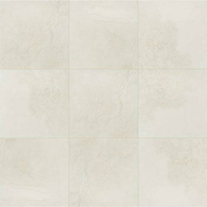 Legend White 20x20 matte porcelain tiles arranged in a grid, with a soft white surface and subtle stone-like veining.