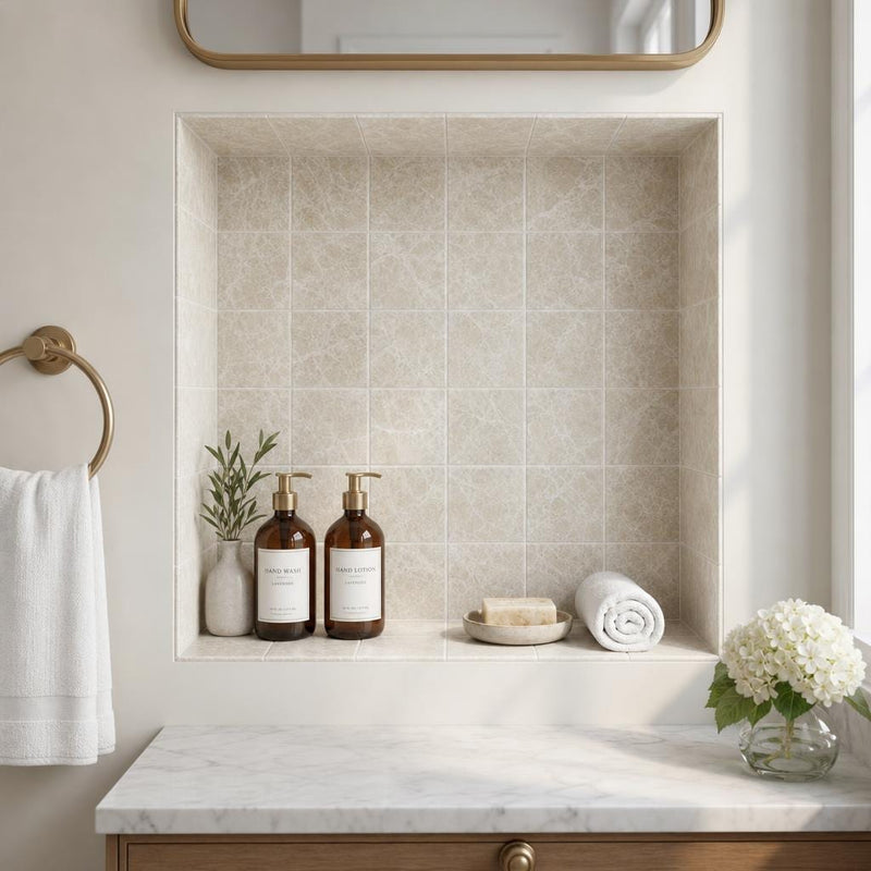 Light Emprador Marble Tile 4x4 Tumbled — Bathroom niche