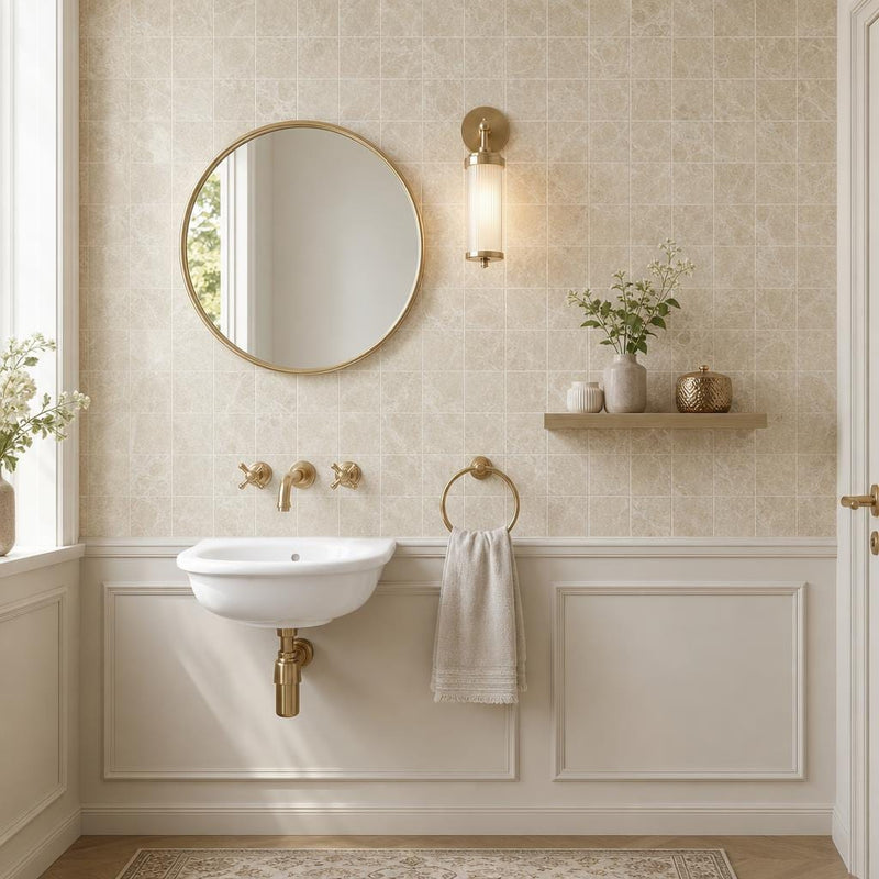 Light Emprador Marble Tile 4x4 Tumbled — Powder Room wall
