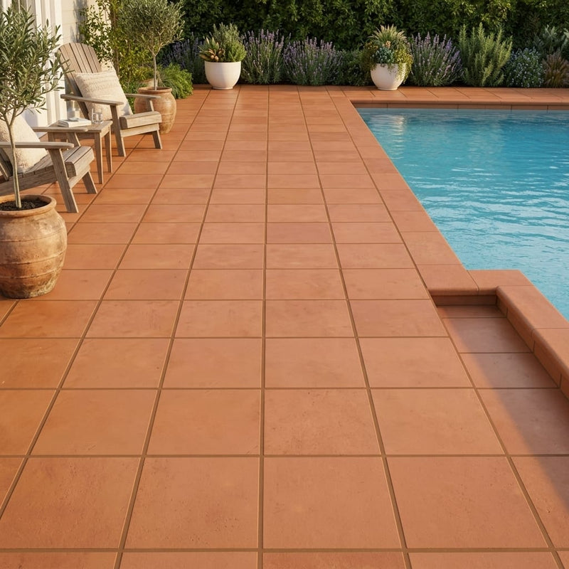 Lincoln 12x12 Natural Terracota Paver — Backyard pool deck