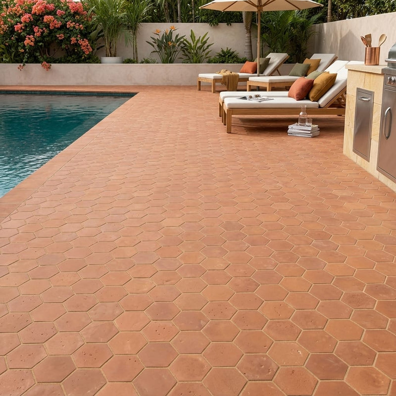Lincoln Hexagon 12x12 Natural Terracota Paver — Backyard pool deck