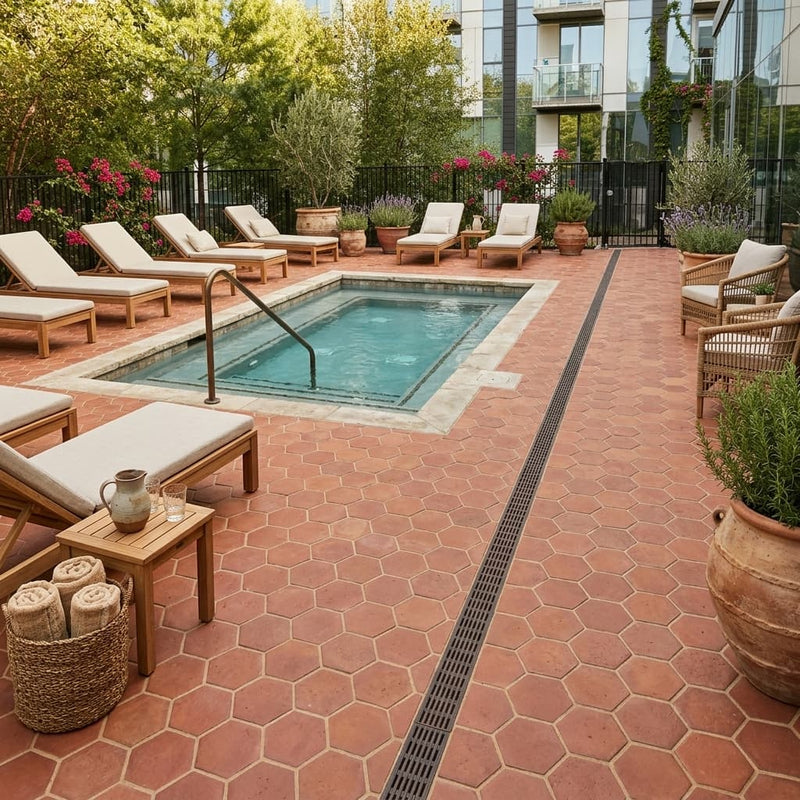 Lincoln Hexagon 8x8 Natural Terracota Paver — Backyard pool deck