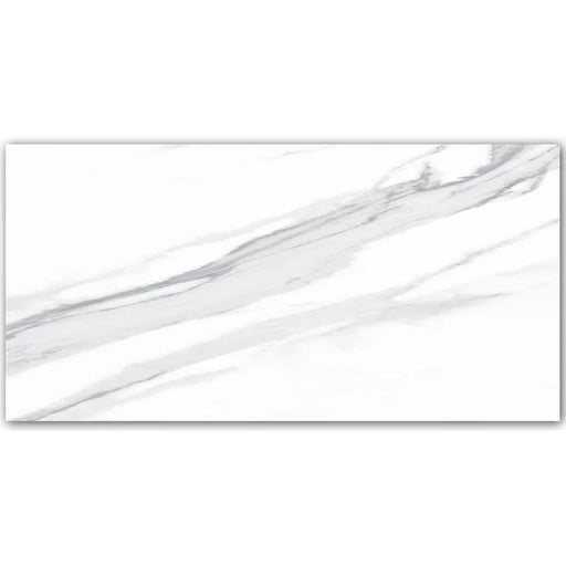 Full 24x48 LM Calacata Light rectified porcelain tile with a white surface and gray veining.