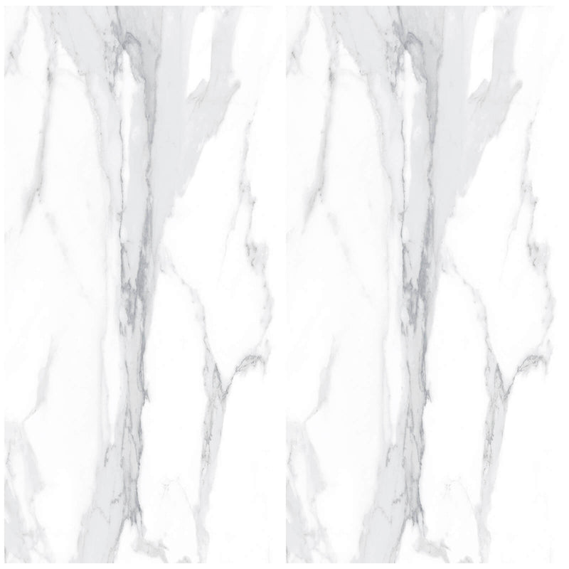 Two views of Roca LM Calacata Light MT rectified porcelain tile, with a white marble effect and soft grey veining.