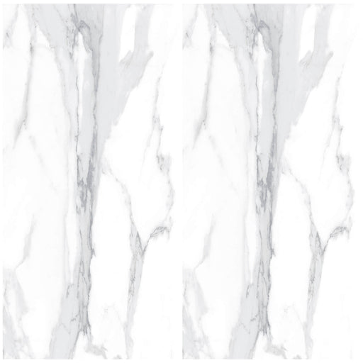 Two views of Roca LM Calacata Light MT rectified porcelain tile, with a white marble effect and soft grey veining.