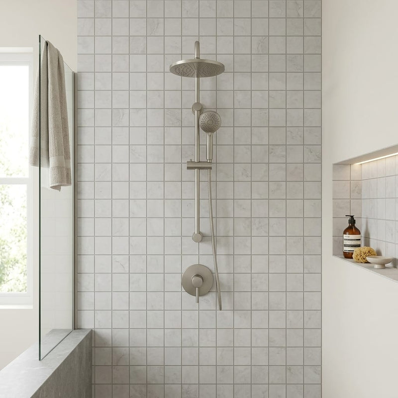 Loft Soft Grey 2x2 Honed Stone Mosaic — Bathroom shower wall