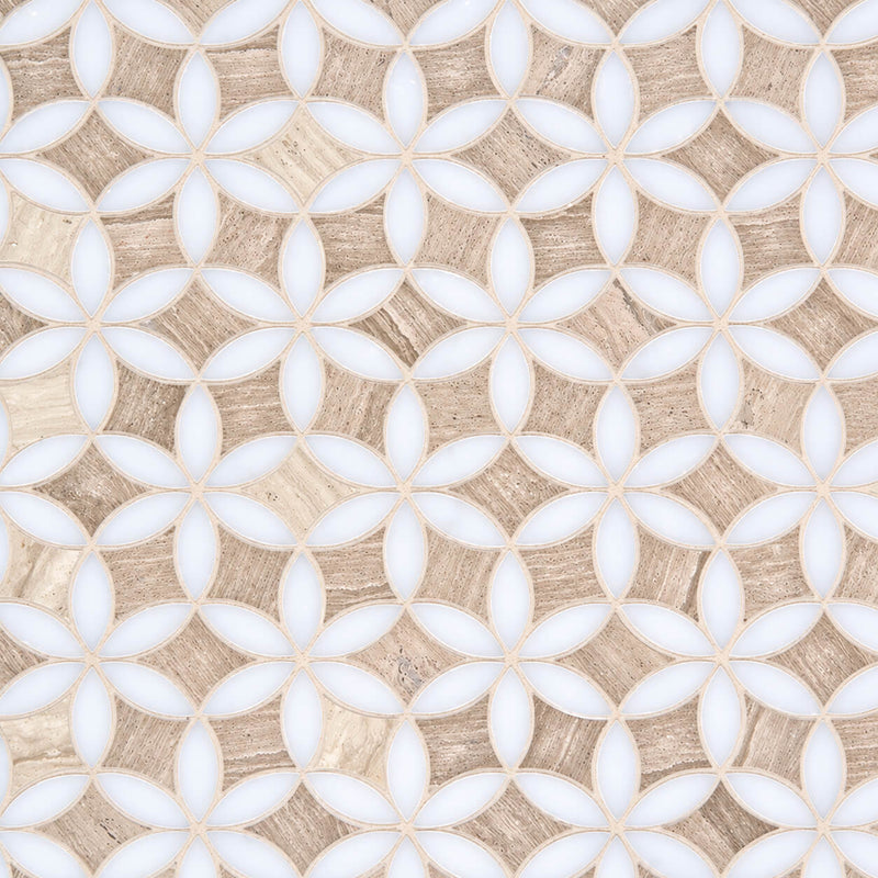 London Calling Flowers For Mum Cloudy 15x11.75 glass mosaic sheet with white petal shapes and beige textured accents.