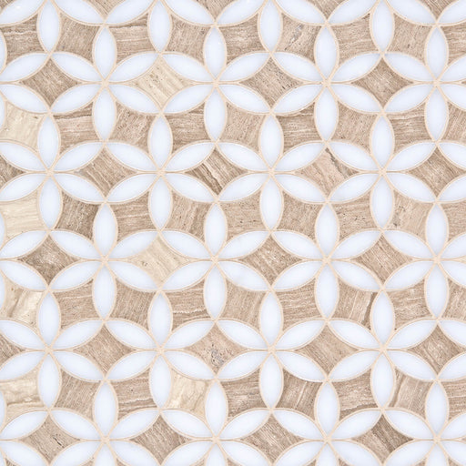 London Calling Flowers For Mum Cloudy 15x11.75 glass mosaic sheet with white petal shapes and beige textured accents.